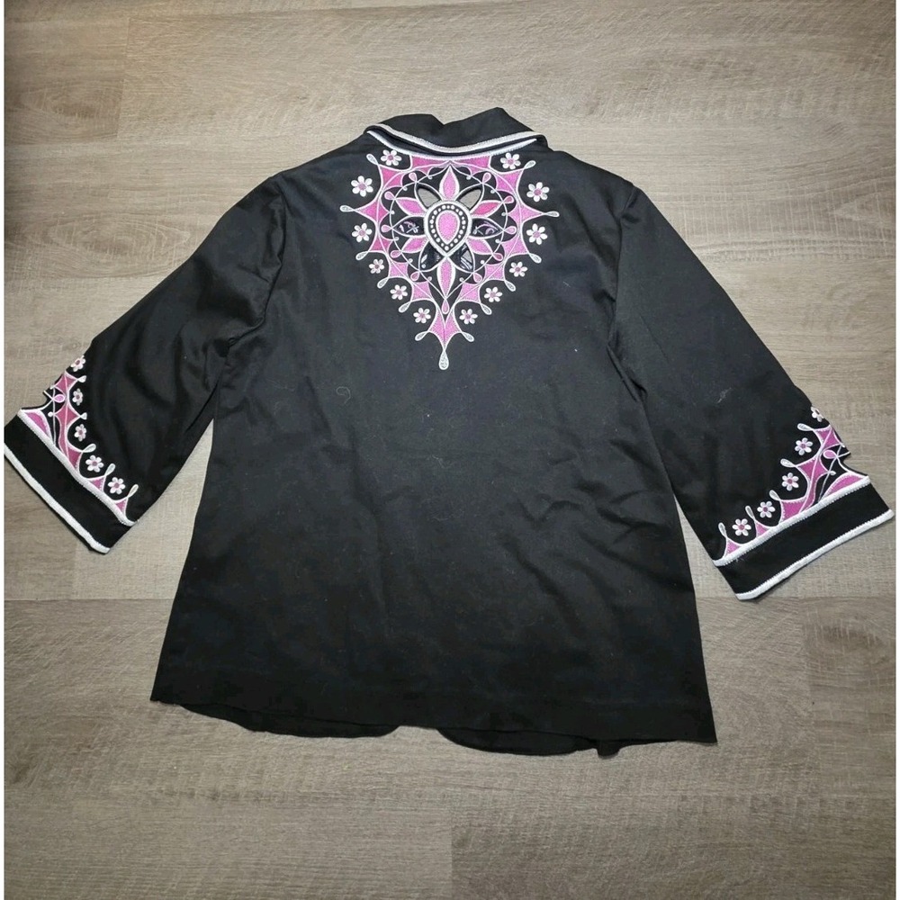 Bob Mackie Wearable Art Jacket Medium Black Pink Embroidery Flower ZipUp QVC 90s - Picture 6 of 8